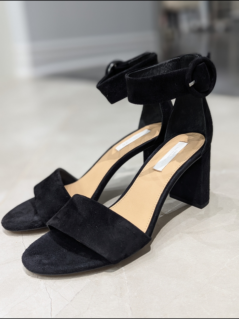 H&M Black Suede Sandals EU 38 Block Heel Ankle Strap Buckle